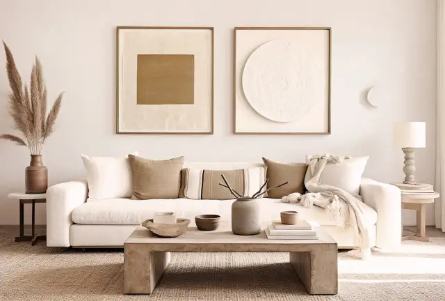 Przytulny salon z sofą, stolikiem kawowym i dekoracjami na tle białej ściany.