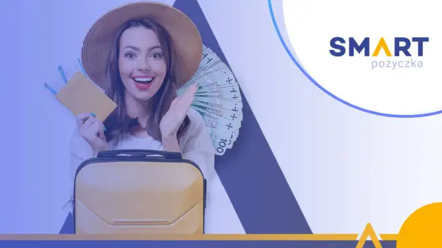 Kobieta z walizką, biletami i pieniędzmi cieszy się na podróż. Smart pożyczka kiedy przelew to szybki sposób na wakacje.