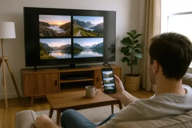 Mężczyzna trzyma smartfon, na którym widać cztery obrazy krajobrazów, podobne do tych wyświetlanych na telewizorze LG. To może być pomocne, gdy zastanawiasz się, jak ściągnąć aplikacje na telewizor LG.