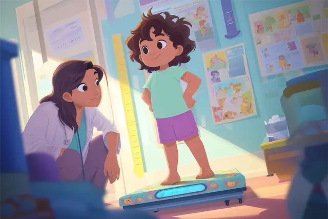 Lekarka z uśmiechem obserwuje dziewczynkę na wadze. Dziecko jest ciekawe, ile powinna ważyć dziewczynka 6 lat.