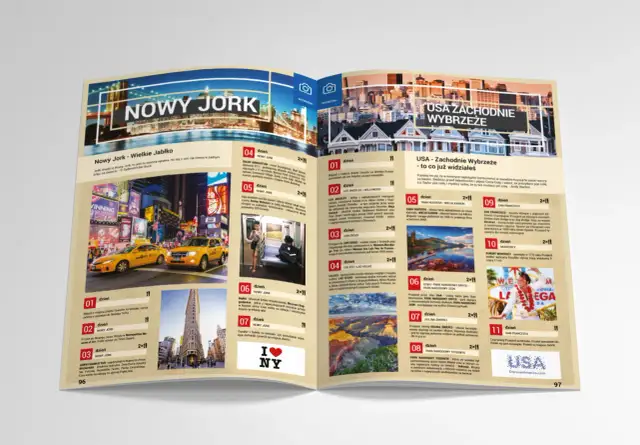 Otwarta broszura z mapami i zdjęciami Nowego Jorku i Zachodniego Wybrzeża USA.