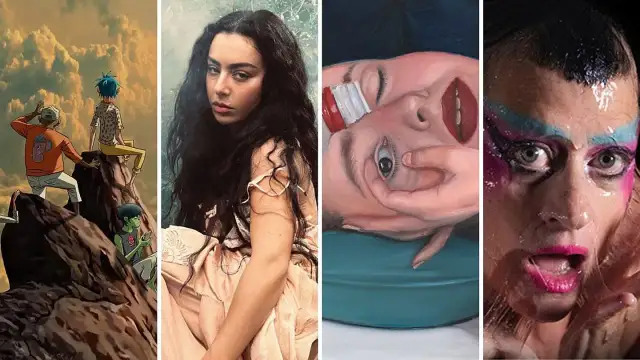 Kolaż okładek albumów muzycznych: Gorillaz, Charli XCX, surrealistyczny portret i artysta w makijażu.