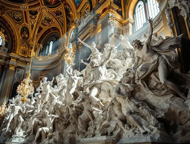 Monumentalna rzeźba z białego marmuru przedstawiająca grupę postaci w ruchu, w bogato zdobionym wnętrzu.