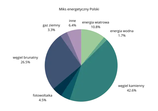 Wykres kołowy pokazujący zróżnicowany miks energetyczny Polski.