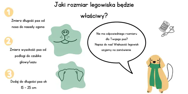 Jak dobrać rozmiar legowiska dla psa? Zmierz długość i wysokość pupila, dodaj ok. 15-25 cm. Nie ma idealnego? Szyjemy na zamówienie!
