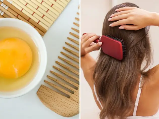 Domowy zabieg na włosy: surowe jajko w miseczce i drewniany grzebień obok, a po drugiej stronie kobieta szczotkuje swoje lśniące włosy.