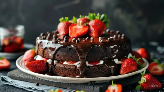 Ciasto kakaowe z truskawkami - Przepis na ciasto kakaowe z truskawkami