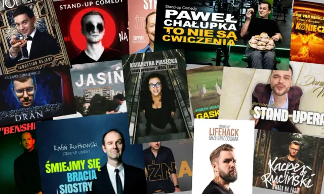 Sebastian Rejent w garniturze, trzymający kieliszek. Kolaż plakatów stand-up comedy.