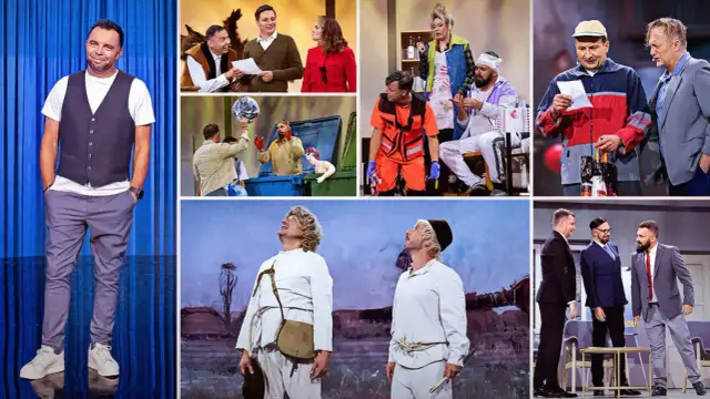 Scena z kabaretu z Cieszyna: mężczyźni w różnych strojach, od eleganckich garniturów po robocze kombinezony, odgrywają zabawne sytuacje.