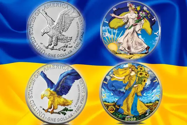 Monety z USA: orzeł i postacie kobiece na tle flagi Ukrainy. Jaka jest waluta w USA? Dolar amerykański.