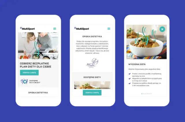 Trzy ekrany smartfonów z aplikacją MultiSport: plan diety, opieka dietetyka, wygodna dieta.