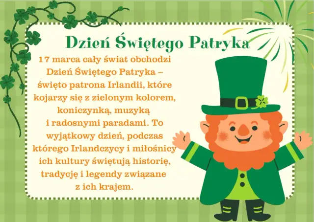 Uroczy skrzat w zielonym kapeluszu świętuje Dzień Świętego Patryka, patrona Irlandii. Obrazek nawiązuje do legend i tradycji tego kraju.