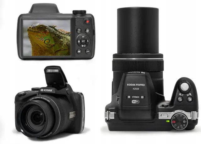 Trzy ujęcia aparatu cyfrowego Kodak PIXPRO AZ528: z tyłu z ekranem pokazującym jaszczurkę, z przodu z otwartą lampą błyskową i obiektywem, oraz z góry z widocznymi przyciskami i pokrętłem trybów.