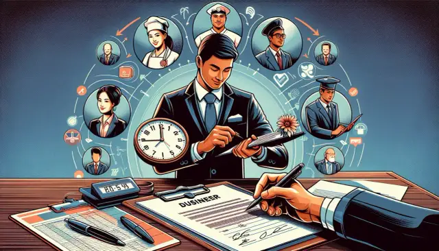 Biznesmen analizuje różne zawody i staż pracy, symbolizowane przez ikony i portrety.