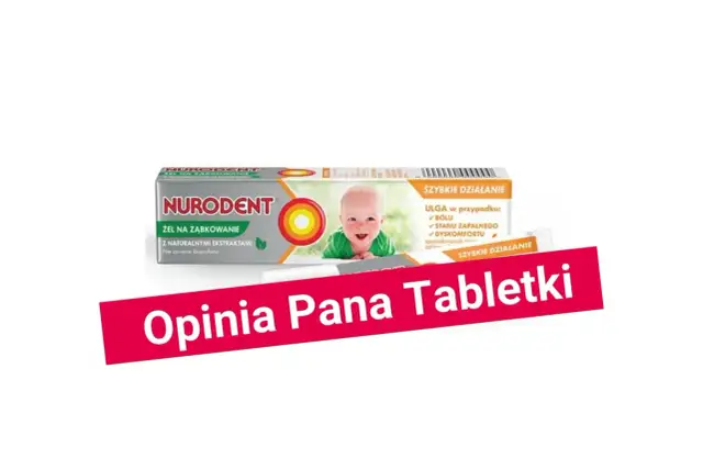 Opakowanie żelu Nurodent na ząbkowanie z uśmiechniętym dzieckiem i napisem "Opinia Pana Tabletki".