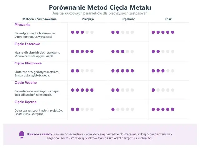 Tabela porównuje metody cięcia metalu. Cięcie plazmowe jest skuteczne przy grubych metalach i oferuje dużą szybkość.
