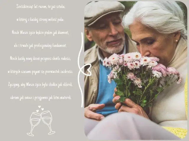 Para świętuje 60 rocznicę ślubu. Kobieta wącha bukiet kwiatów, mężczyzna patrzy z czułością.
