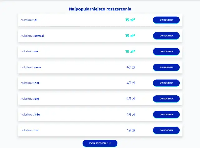 Lista popularnych rozszerzeń domen z cenami i przyciskami "Do koszyka".
