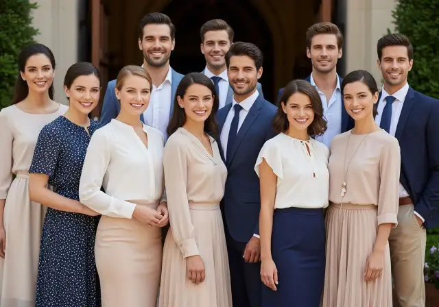 Grupa uśmiechniętych osób w eleganckich, stonowanych strojach, pozująca przed budynkiem.