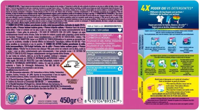 Opakowanie Vanish Oxi Action z instrukcją użycia i ikonami.