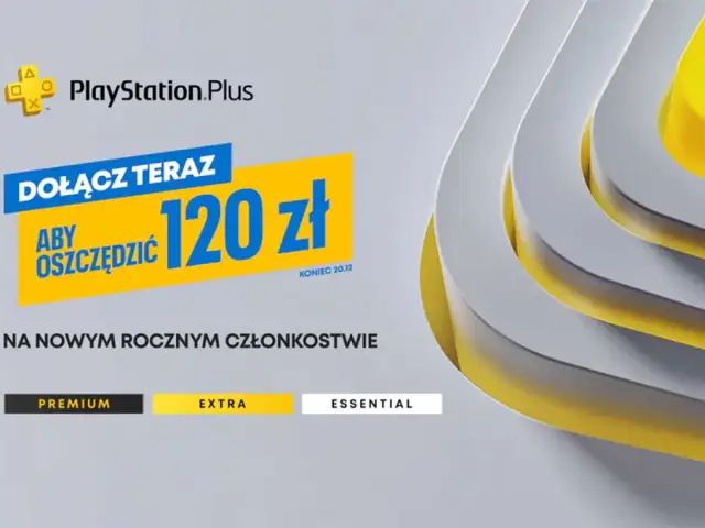 Grafika promocyjna PlayStation Plus z hasłem "Dołącz teraz, aby oszczędzić 120 zł" i opcjami Premium, Extra, Essential.