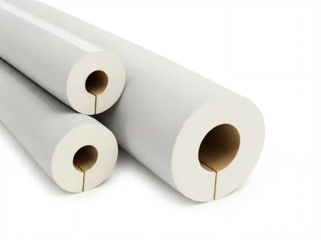 Trzy białe otuliny na rury z pianki poliuretanowej, gotowe do izolacji.