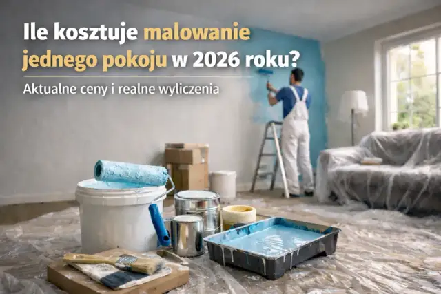 Malarz maluje ścianę na niebiesko, widać wiaderka z farbą, wałek i pędzle.