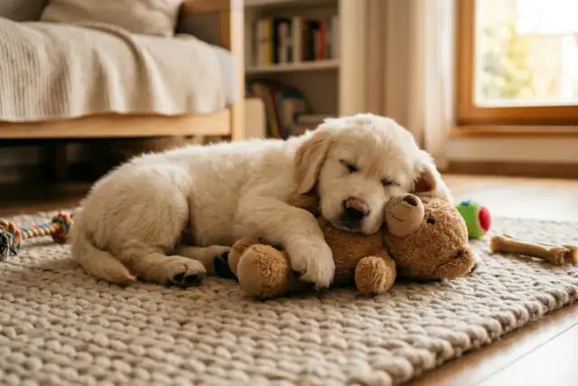 Uroczy szczeniak rasy golden retriever śpi wtulony w pluszowego misia. Widać, ile śpi szczeniak, bo jest bardzo zmęczony po zabawie.