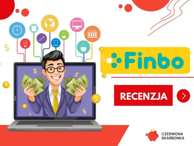 Uśmiechnięty mężczyzna z pieniędzmi na ekranie laptopa. Czy Finbo sprawdza BIK? Logo Finbo i przycisk "Recenzja".