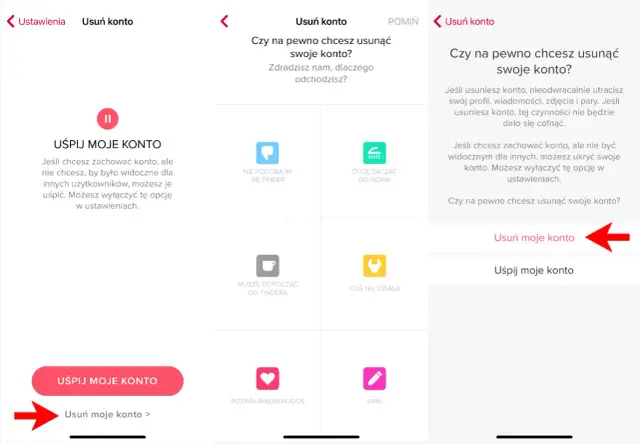 Ekran aplikacji Tinder pokazujący opcje usunięcia konta. Widoczny przycisk "Usuń moje konto" jako krok, jak usunąć konto na Tinderze.