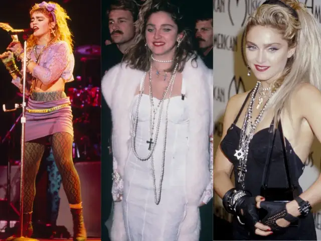 Madonna w stylizacjach z lat 80.: fioletowa spódniczka, biała sukienka z futrem, czarna kreacja z naszyjnikami.
