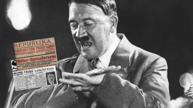 Adolf Hitler przemawiający, z nakładką gazety z nagłówkiem "Hitler kanclerzem".