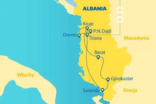 Mapa pokazuje, gdzie leży Albania, między Włochami a Grecją. Zaznaczone są główne miasta: Tirana, Durrës, Kruja, Berat, Gjirokaster i Saranda.