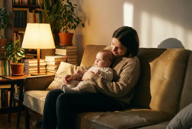 Kobieta tuli dziecko na kanapie, w tle regał z książkami i lampa.