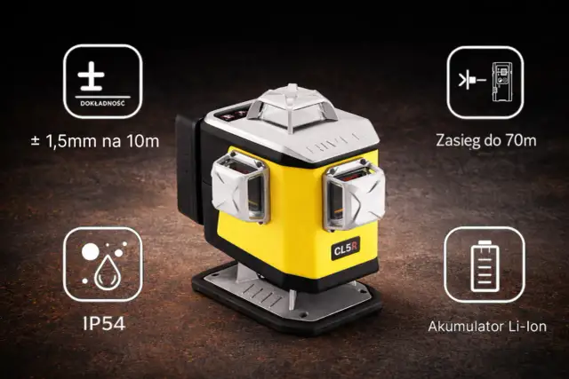Żółta poziomica laserowa z ikonami parametrów: dokładność, zasięg, IP54, akumulator.