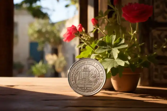 Moneta z motywem budowli i kwiatów. Czy to jaka waluta na Cyprze Północnym?