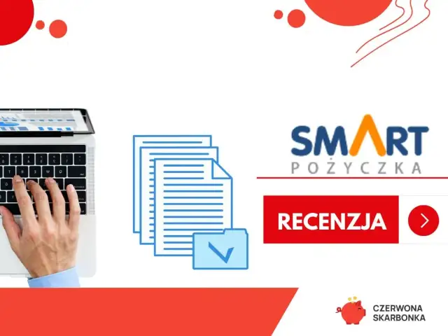 Dłoń na klawiaturze laptopa, ikony dokumentów i logo "SMART POŻYCZKA".