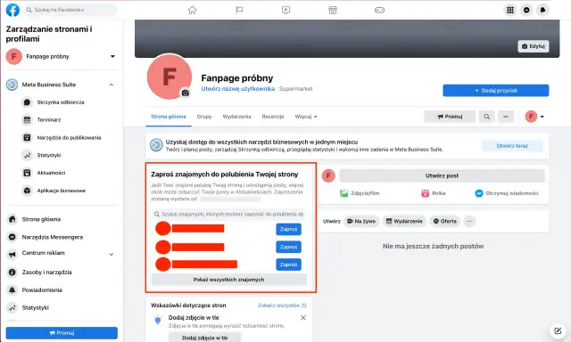 Ekran zarządzania stroną firmową na Facebooku z opcją zapraszania znajomych do polubienia strony.