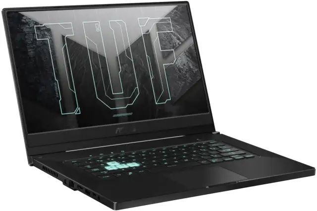 Czarny laptop ASUS TUF z podświetlaną klawiaturą i logo TUF na ekranie.