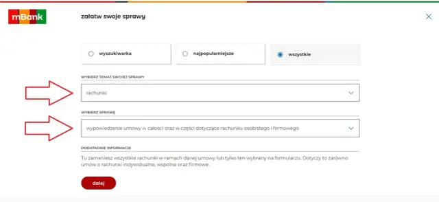 Formularz mBank: wybierz "rachunki", a następnie "wypowiedzenie umowy" by dowiedzieć się jak zamknac konto w mbank przez aplikacje.