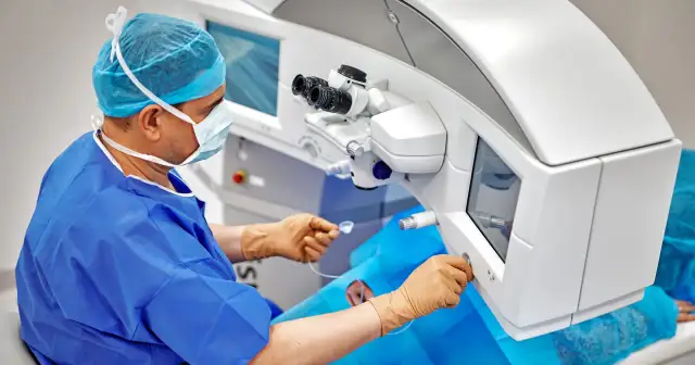 Chirurg w masce i fartuchu operacyjnym obsługuje laser do korekcji wzroku.