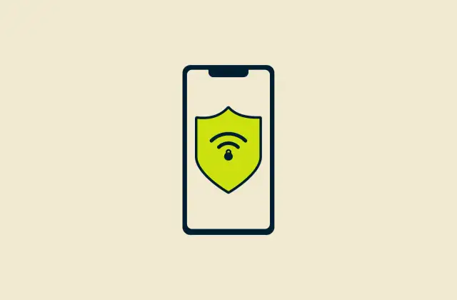 Ikona telefonu iPhone z zieloną tarczą symbolizującą bezpieczeństwo i sieć Wi-Fi.