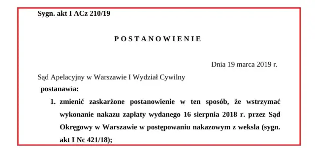 Fragment dokumentu sądowego z nagłówkiem "POSTANOWIENIE" i sygnaturą akt.