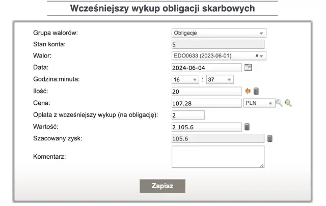 Formularz do przedterminowego wykupu obligacji skarbowych z polami do wpisania danych.