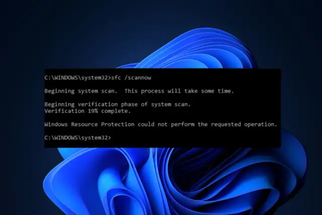 Konsola Windows pokazuje postęp skanowania systemu za pomocą polecenia `sfc /scannow`. Weryfikacja systemu osiągnęła 19%.