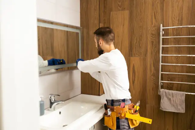 Majster w niebieskich rękawiczkach delikatnie odkleja lustro od kafelek w łazience.