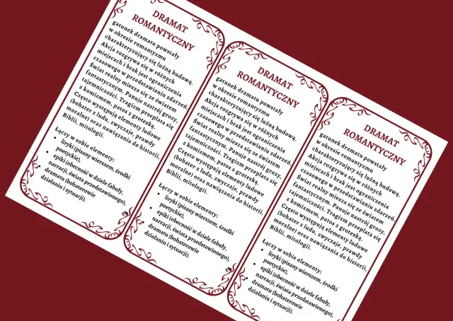 Trzy karty z tekstem o dramacie romantycznym, z ozdobnymi ramkami.