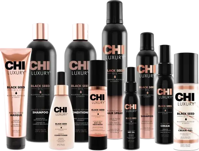 Linia kosmetyków CHI Luxury z olejkiem z czarnuszki na włosy: szampon, odżywka, maska, suchy olejek, suchy szampon, spray do włosów, krem do stylizacji i żel do loków.