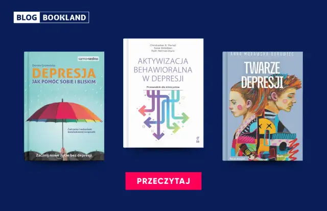 Trzy okładki książek o depresji: z parasolką, schematem i portretami.