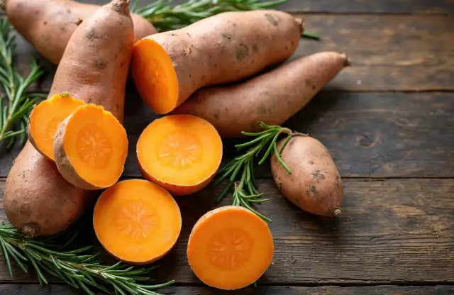 Pomarańczowe bataty, niektóre przekrojone, leżą na drewnianym blacie z gałązkami rozmarynu. Czy pies może jeść bataty? Tak, to zdrowy przysmak!